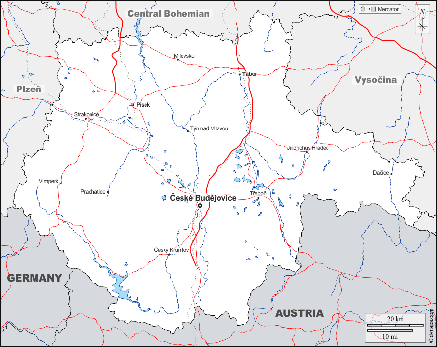 Южно-Чешский край : d-maps.com: Бесплатная карта, бесплатная карта, свободная карта, Бесплатная базовая карта
 : границы, гидрографии, Главные города, дорог, имена