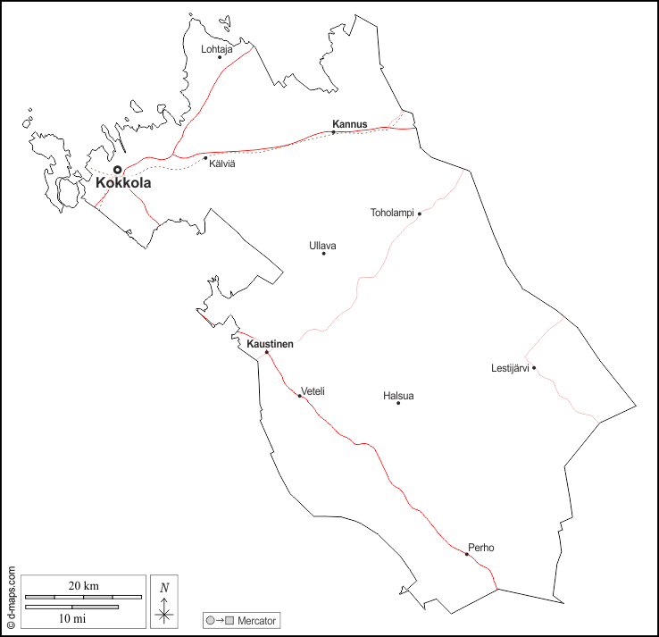 Mittelösterbotten : d-maps.com: Kostenlose Karten, kostenlose stumme Karte, kostenlose unausgefüllt Landkarte, kostenlose hochauflösende Umrisskarte : Umrisse, Wichtige Städte, Straßen, Namen, weiß