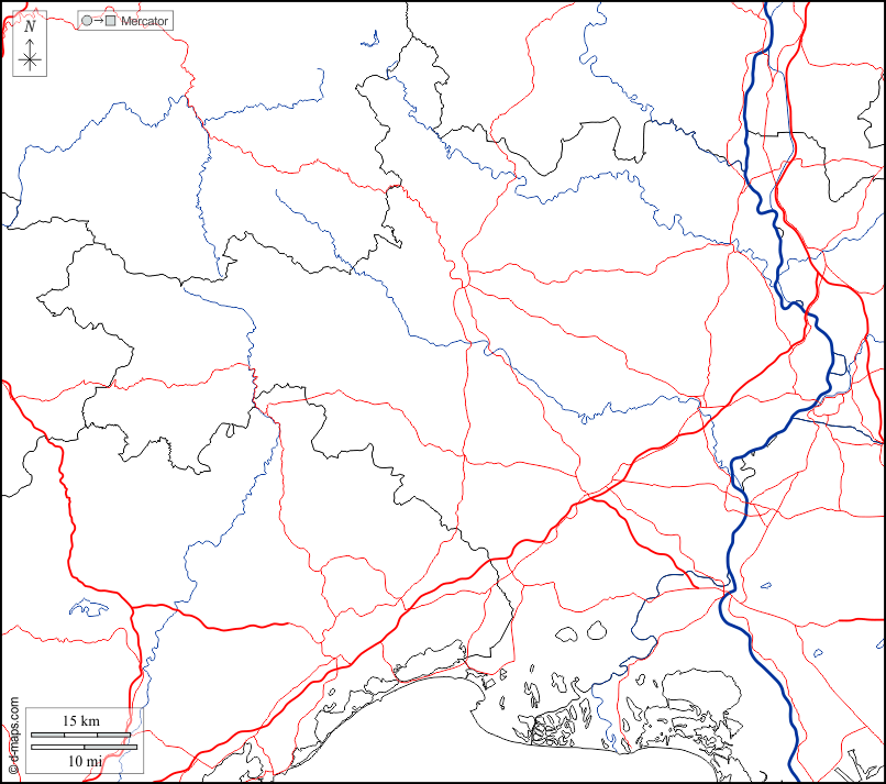 Gard : d-maps.com: Kostenlose Karten, kostenlose stumme Karte, kostenlose unausgefüllt Landkarte, kostenlose hochauflösende Umrisskarte : Grenzen, Hydrografie, Straßen, weiß