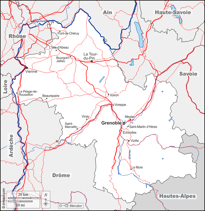 Isère : d-maps.com: mappa gratuita, mappa muta gratuita, cartina muta gratuita : frontiere, idrografia, principali città, strade, nomi