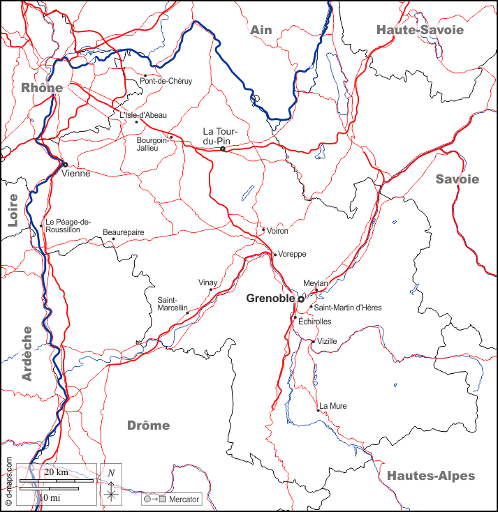Isère : d-maps.com: mappa gratuita, mappa muta gratuita, cartina muta gratuita : frontiere, idrografia, principali città, strade, nomi, bianco