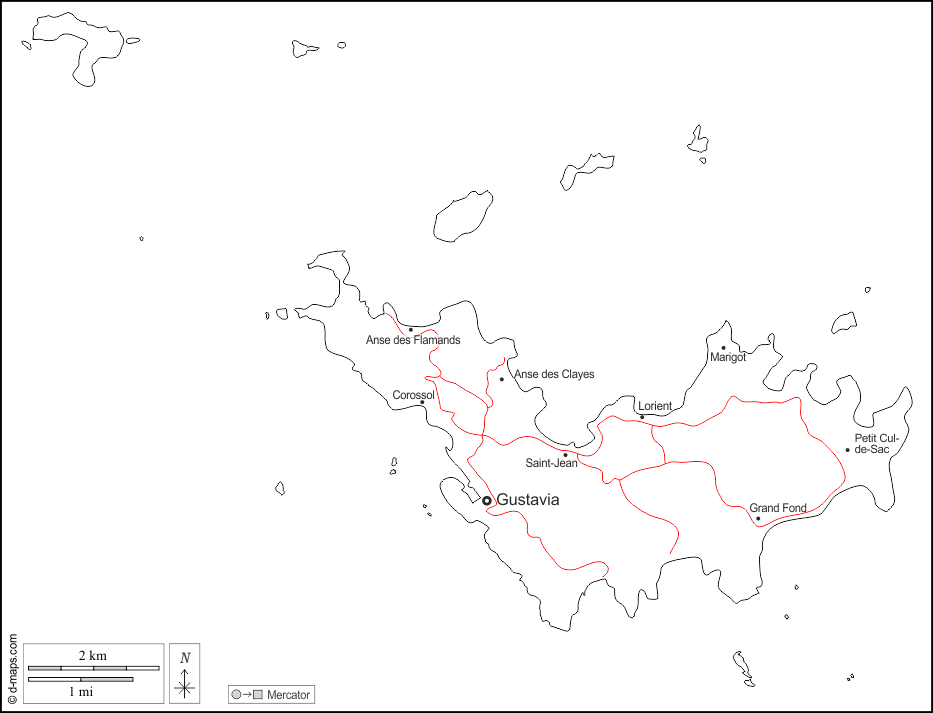 Saint-Barthélemy : d-maps.com: mappa gratuita, mappa muta gratuita, cartina muta gratuita : frontiere, principali città, strade, nomi, bianco