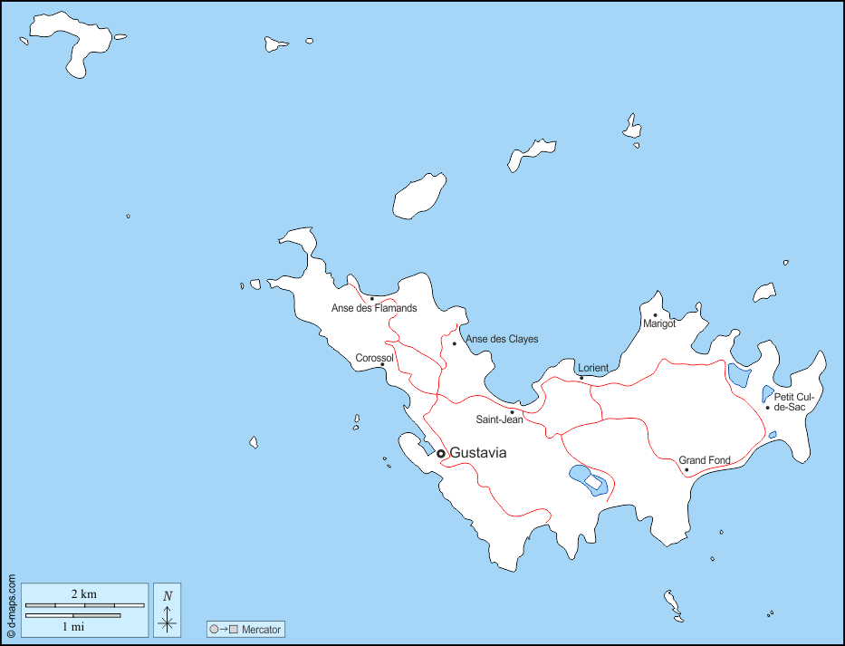 Saint-Barthélemy : d-maps.com: mappa gratuita, mappa muta gratuita, cartina muta gratuita : frontiere, idrografia, principali città, strade, nomi