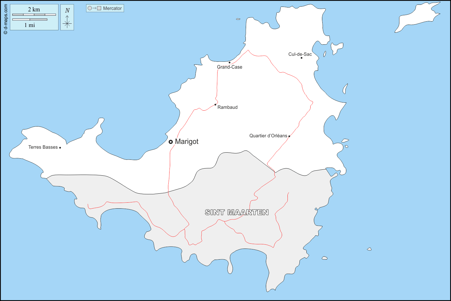 Saint Martin : d-maps.com: mappa gratuita, mappa muta gratuita, cartina muta gratuita : frontiere, principali città, strade, nomi