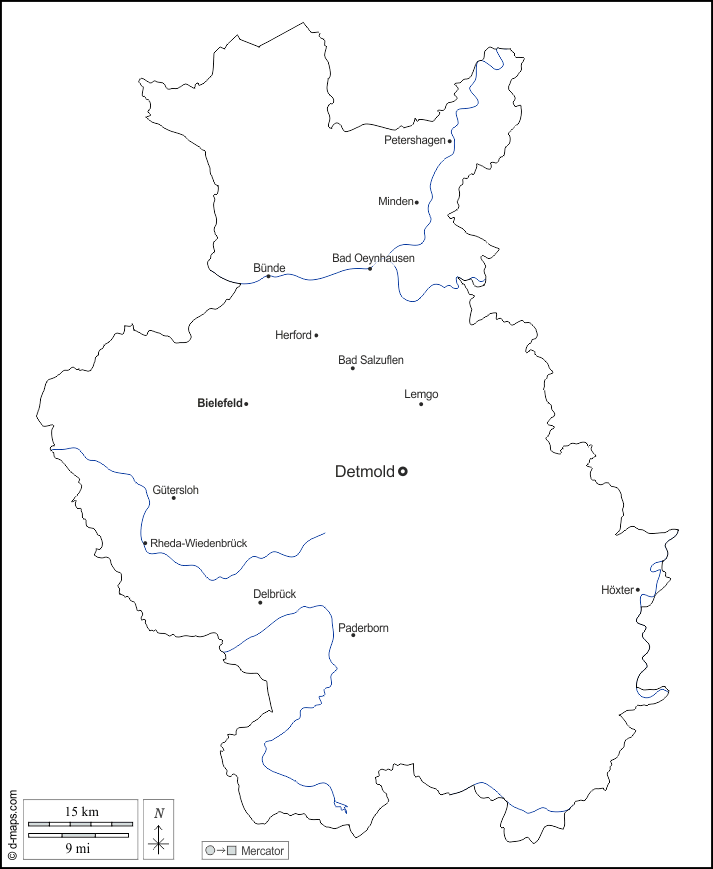 Arrondissement administratif de Detmold : d-maps.com: carte géographique gratuite, carte géographique muette gratuite, carte vierge gratuite, fond de carte gratuit, formats graphiques courants : contours, hydrographie, principales villes, noms, blanc