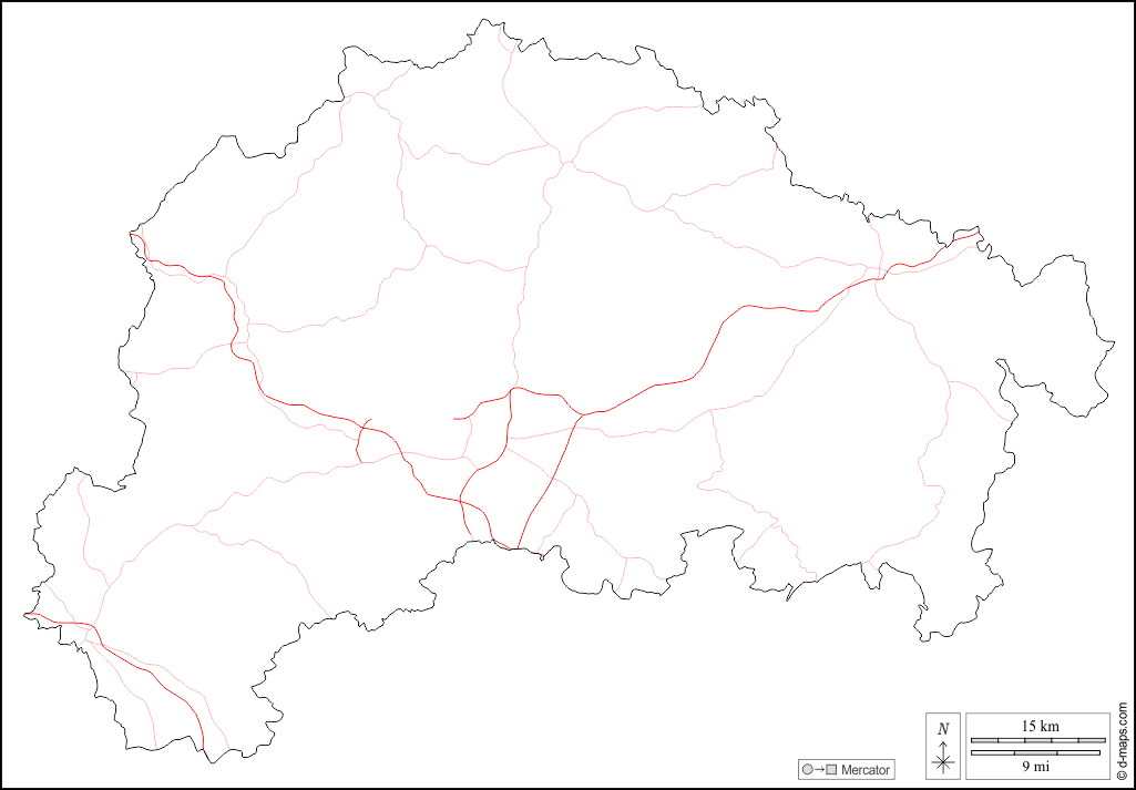 Distretto amministrativo di Giessen : d-maps.com: mappa gratuita, mappa muta gratuita, cartina muta gratuita : contorni, strade, bianco