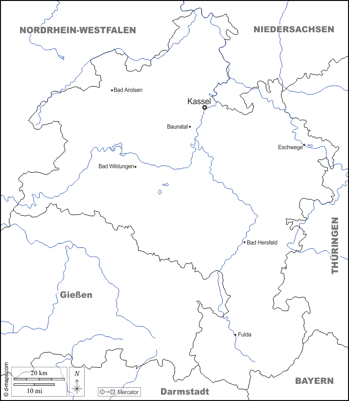 Distrito administrativo de Kassel : d-maps.com: mapa livre, mapa em branco livre, mapa livre do esboço, mapa básico livre
 : fronteiras, hidrografia, principais cidades, nomes, branco