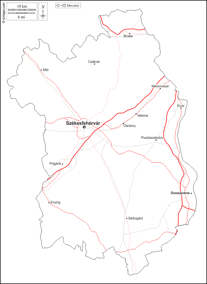 Fejér : d-maps.com: mappa gratuita, mappa muta gratuita, cartina muta gratuita : contorni, principali città, strade, nomi, bianco