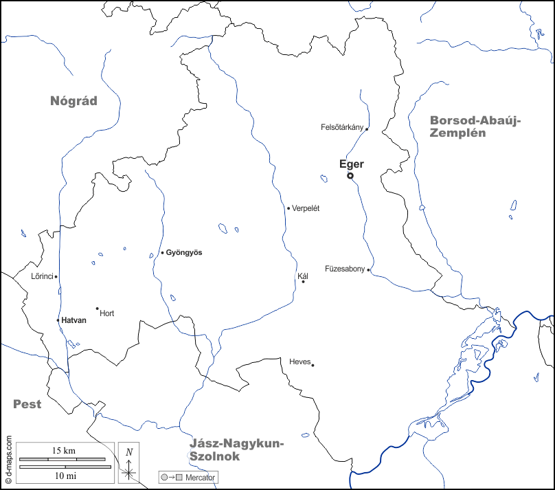 Heves : d-maps.com: mappa gratuita, mappa muta gratuita, cartina muta gratuita : frontiere, idrografia, principali città, nomi, bianco