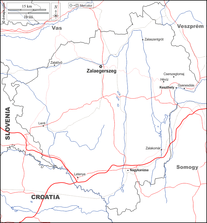 Zala : d-maps.com: mappa gratuita, mappa muta gratuita, cartina muta gratuita : frontiere, idrografia, principali città, strade, nomi, bianco