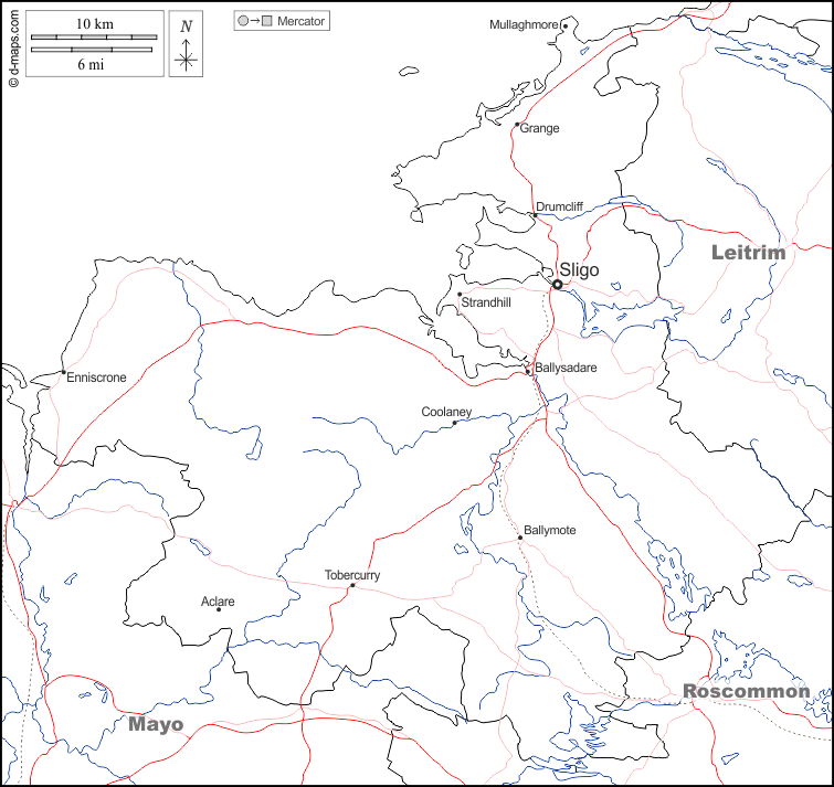 Sligo : d-maps.com: mapa livre, mapa em branco livre, mapa livre do esboço, mapa básico livre
 : fronteiras, hidrografia, principais cidades, estradas, nomes, branco