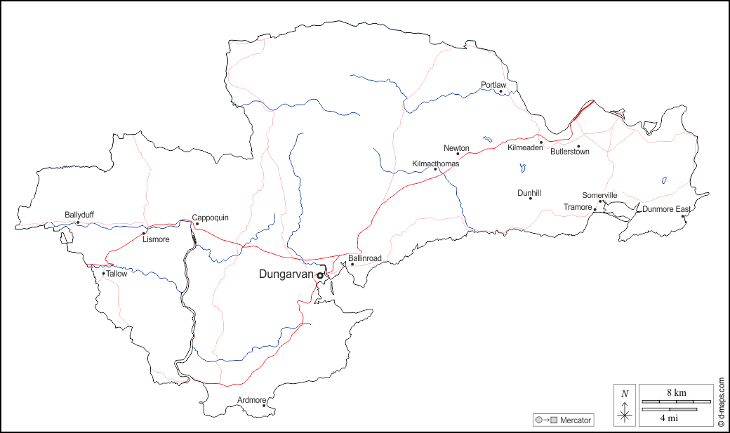 Waterford : d-maps.com: mappa gratuita, mappa muta gratuita, cartina muta gratuita : contorni, idrografia, principali città, strade, nomi, bianco