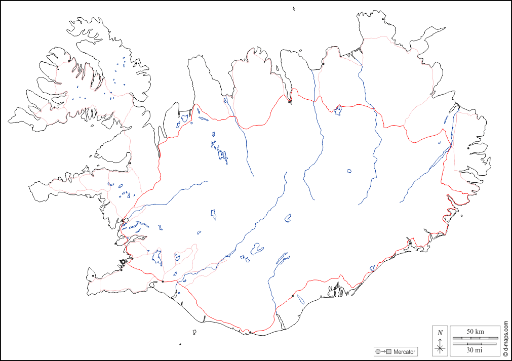 Islanda : d-maps.com: mappa gratuita, mappa muta gratuita, cartina muta gratuita : frontiere, idrografia, principali città, strade, bianco