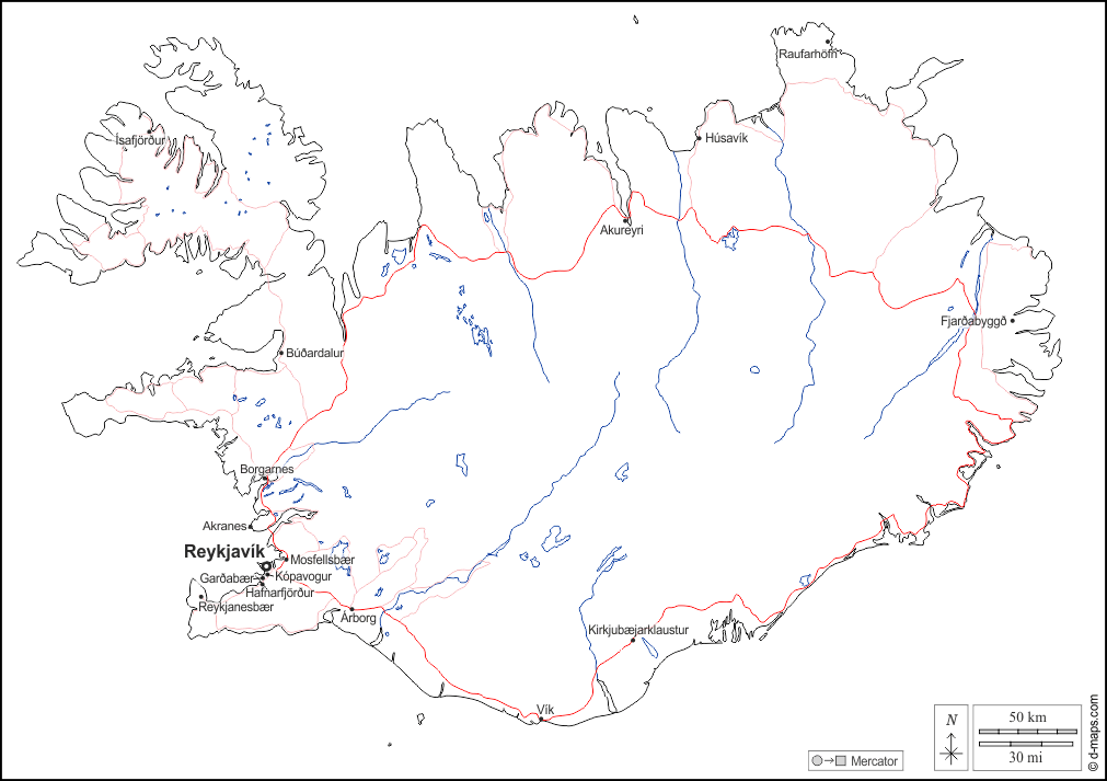 Islanda : d-maps.com: mappa gratuita, mappa muta gratuita, cartina muta gratuita : frontiere, idrografia, principali città, strade, nomi, bianco