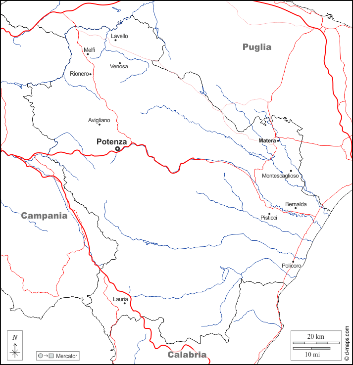 Basilicata : d-maps.com: mapa gratuito, mapa mudo gratuito, mapa en blanco gratuito, plantilla de mapa : fronteras, hidrografía, principales ciudades, carreteras, nombres, blanco