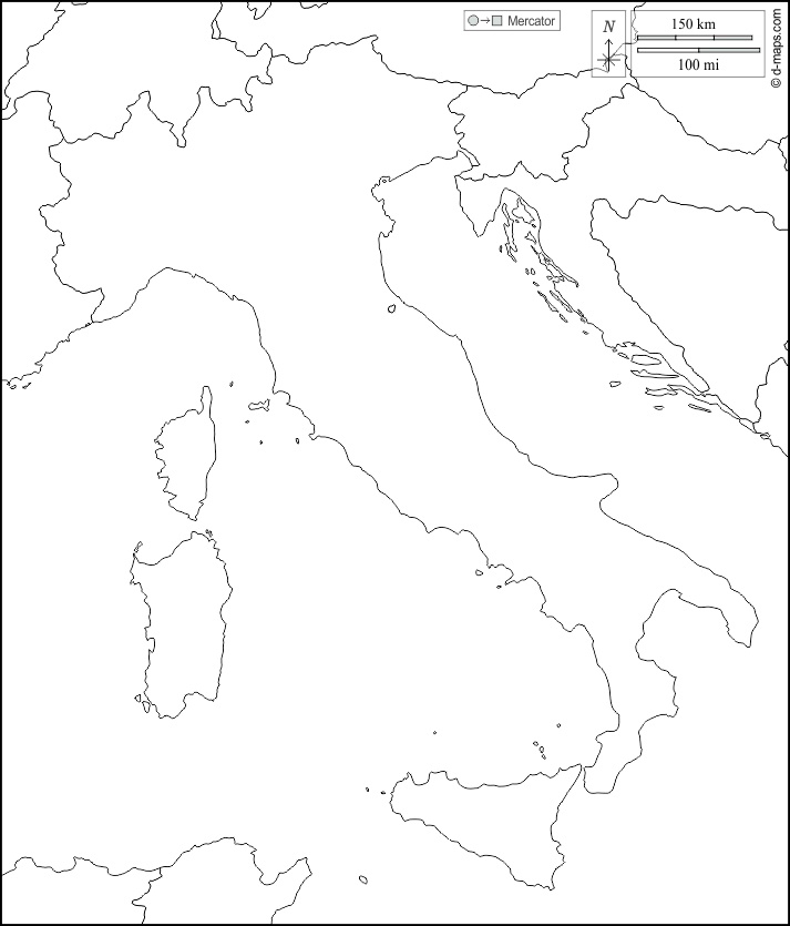 Italia : d-maps.com: mappa gratuita, mappa muta gratuita, cartina muta gratuita : frontiere, bianco