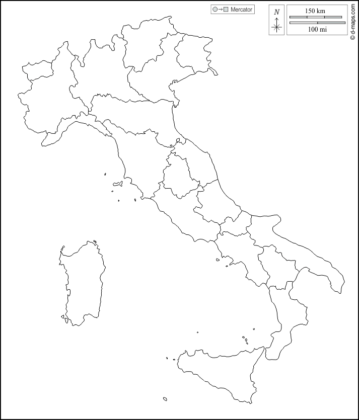 Italia : d-maps.com: mappa gratuita, mappa muta gratuita, cartina muta gratuita : contorni, regioni, bianco