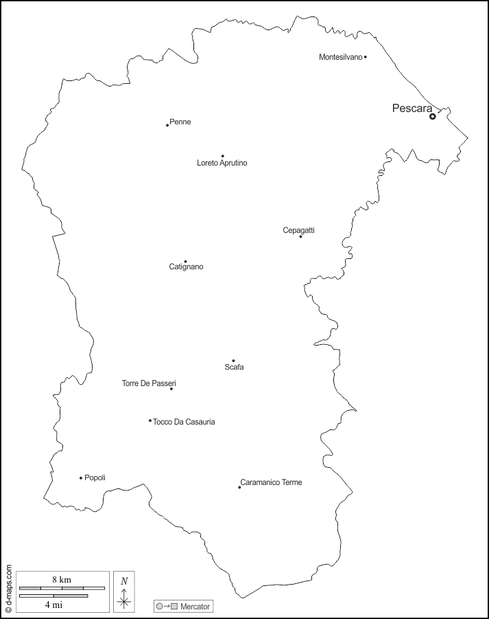 Pescara : d-maps.com: mappa gratuita, mappa muta gratuita, cartina muta gratuita : contorni, principali città, nomi, bianco