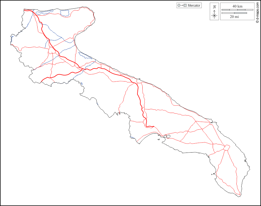 Puglia : d-maps.com: mappa gratuita, mappa muta gratuita, cartina muta gratuita : contorni, idrografia, strade, bianco