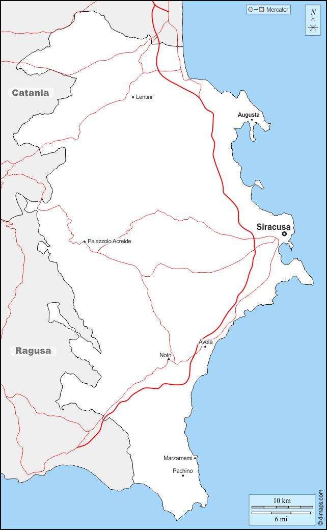 Siracusa : d-maps.com: mappa gratuita, mappa muta gratuita, cartina muta gratuita : frontiere, principali città, strade, nomi