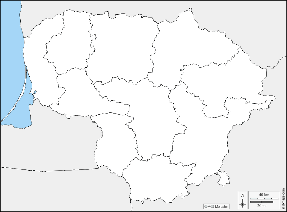 リトアニア : d-maps.com: 無料地図, 無料の空の地図, 無料のアウトラインマップ, 無料のベースマップ
 : 境界, 地域