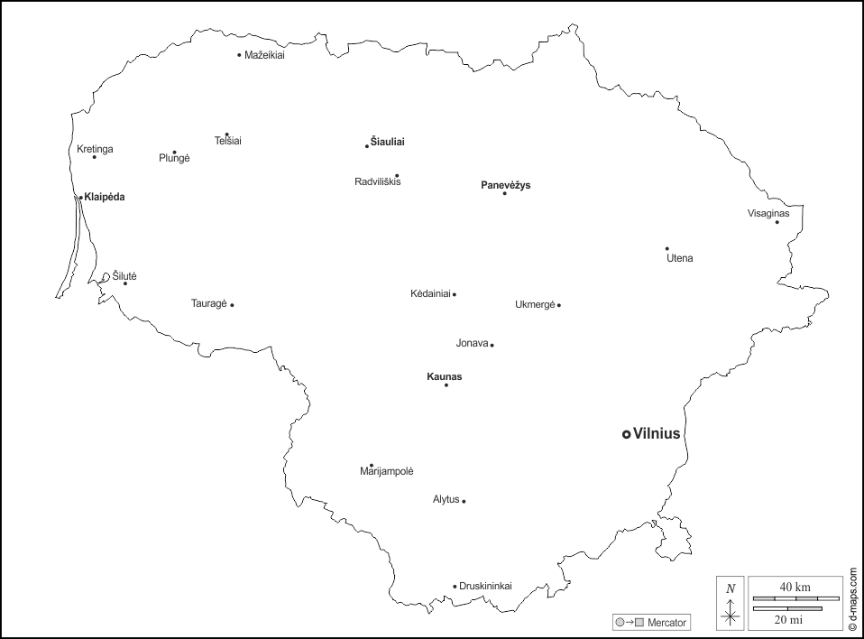 Lituania : d-maps.com: mappa gratuita, mappa muta gratuita, cartina muta gratuita : contorni, principali città, nomi, bianco