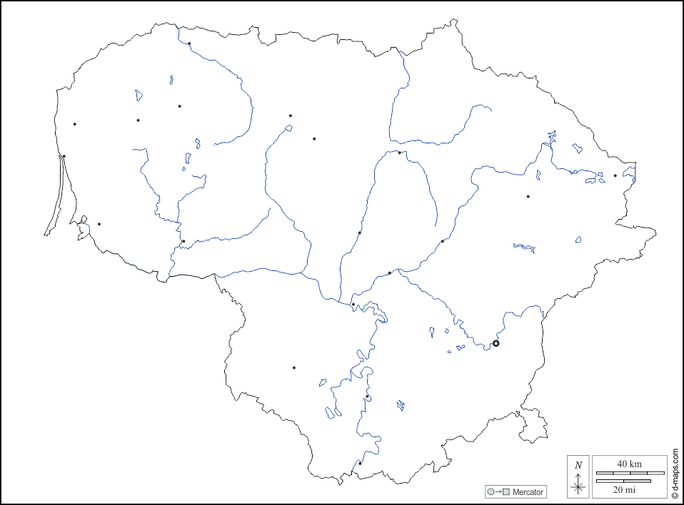Lituania : d-maps.com: mappa gratuita, mappa muta gratuita, cartina muta gratuita : contorni, idrografia, principali città, bianco