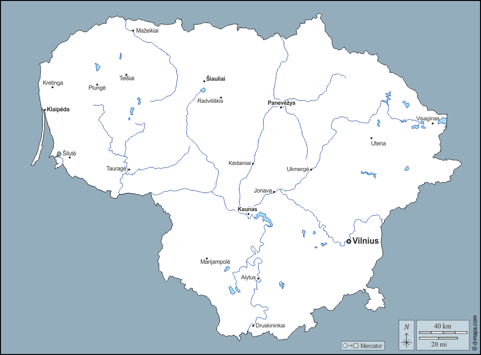 リトアニア : d-maps.com: 無料地図, 無料の空の地図, 無料のアウトラインマップ, 無料のベースマップ
 : 輪郭, 川と湖, 主要都市, 名前