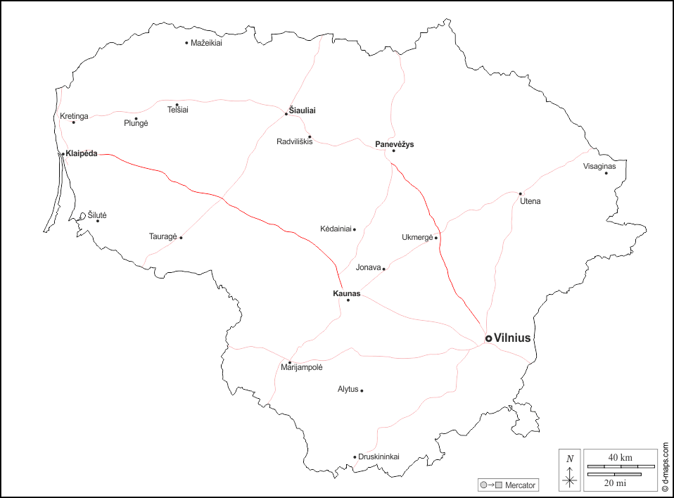 Lituania : d-maps.com: mappa gratuita, mappa muta gratuita, cartina muta gratuita : contorni, principali città, strade, nomi, bianco