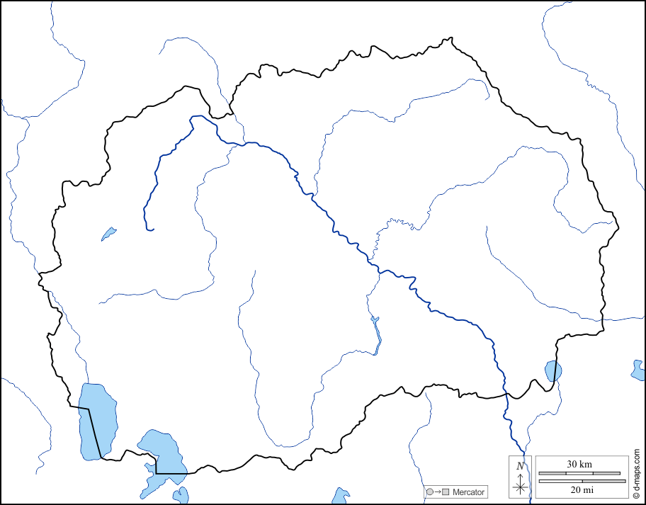 Nordmazedonien : d-maps.com: Kostenlose Karten, kostenlose stumme Karte, kostenlose unausgefüllt Landkarte, kostenlose hochauflösende Umrisskarte : Küsten, Grenzen, Hydrografie