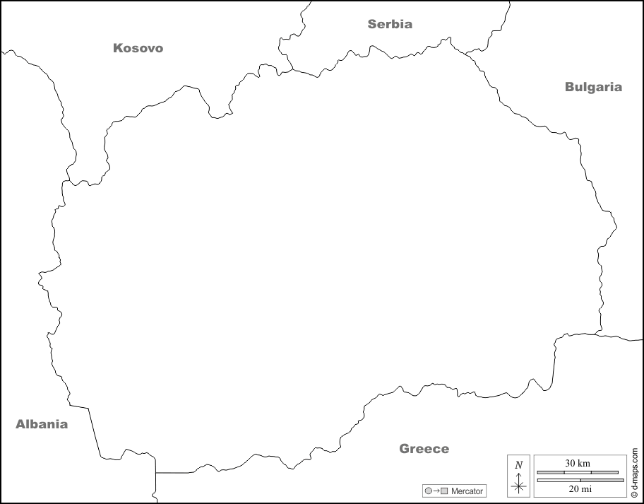 Nordmazedonien : d-maps.com: Kostenlose Karten, kostenlose stumme Karte, kostenlose unausgefüllt Landkarte, kostenlose hochauflösende Umrisskarte : Grenzen, Namen, weiß