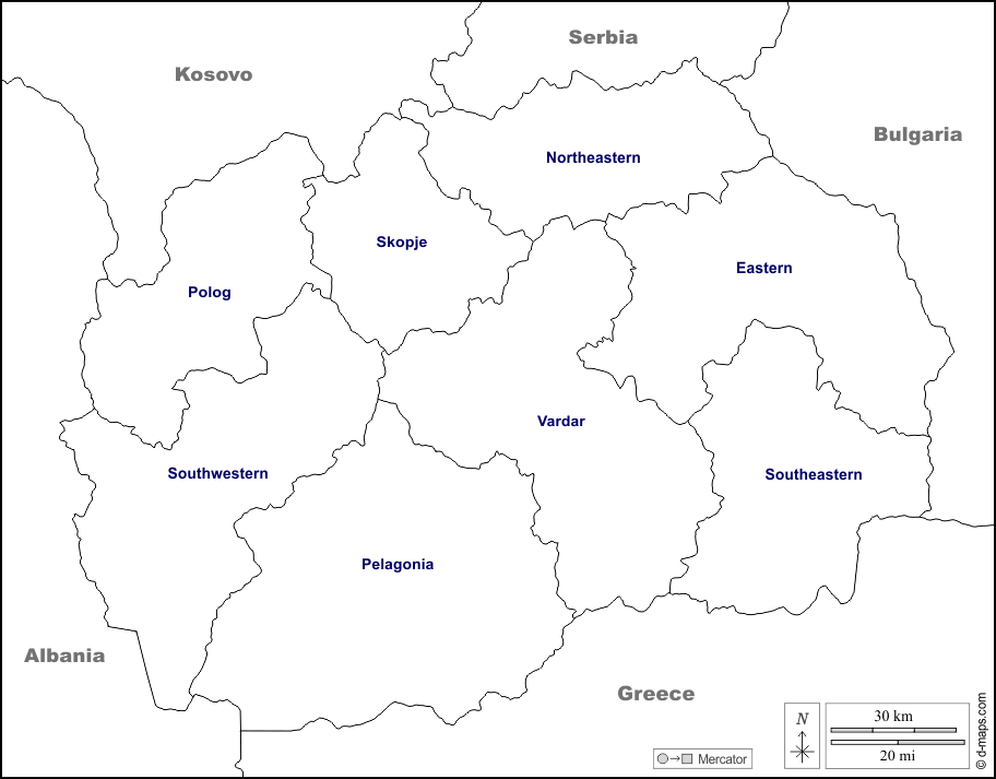 Macedónia do Norte : d-maps.com: mapa livre, mapa em branco livre, mapa livre do esboço, mapa básico livre
 : fronteiras, regiões, nomes, branco