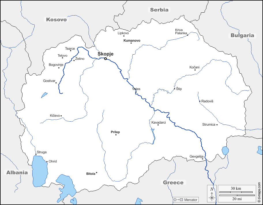 Nordmazedonien : d-maps.com: Kostenlose Karten, kostenlose stumme Karte, kostenlose unausgefüllt Landkarte, kostenlose hochauflösende Umrisskarte : Grenzen, Hydrografie, Wichtige Städte, Namen
