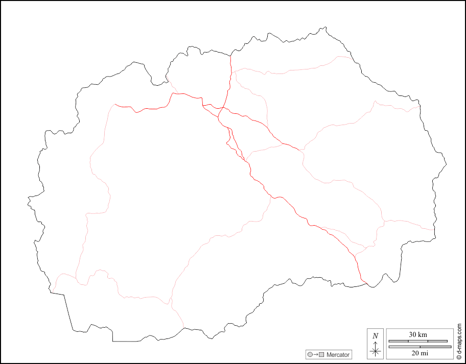 مقدونيا الشمالية : خريطة مجانية, خريطة خاليه من الفراغ, خريطة الخطوط العريضة, خريطة القاعدة الحرة
 : الخطوط العريضة, الطرق, أبيض