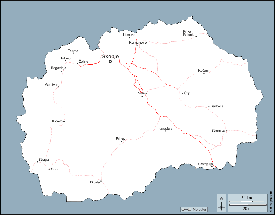 Macedonia del Nord : d-maps.com: mappa gratuita, mappa muta gratuita, cartina muta gratuita : contorni, principali città, strade, nomi