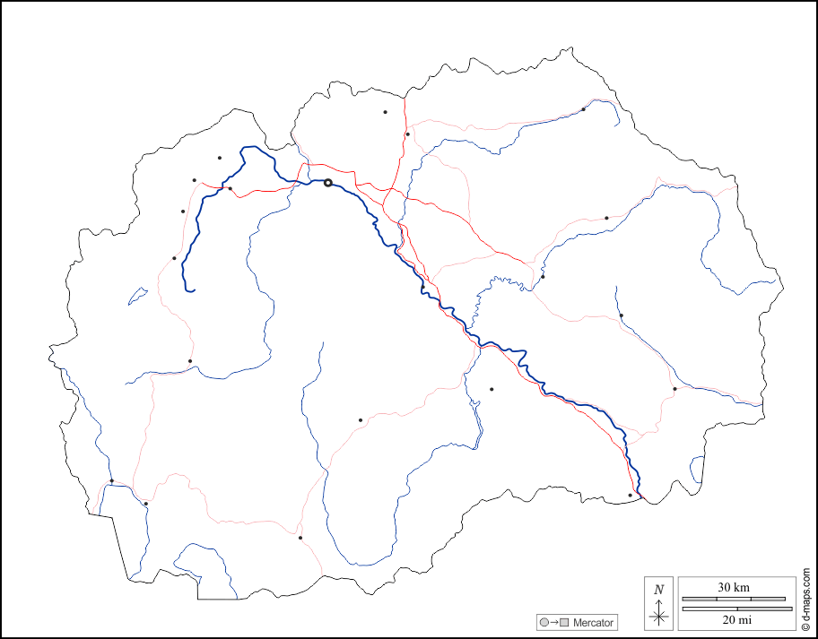 Nordmazedonien : d-maps.com: Kostenlose Karten, kostenlose stumme Karte, kostenlose unausgefüllt Landkarte, kostenlose hochauflösende Umrisskarte : Umrisse, Hydrografie, Wichtige Städte, Straßen, weiß