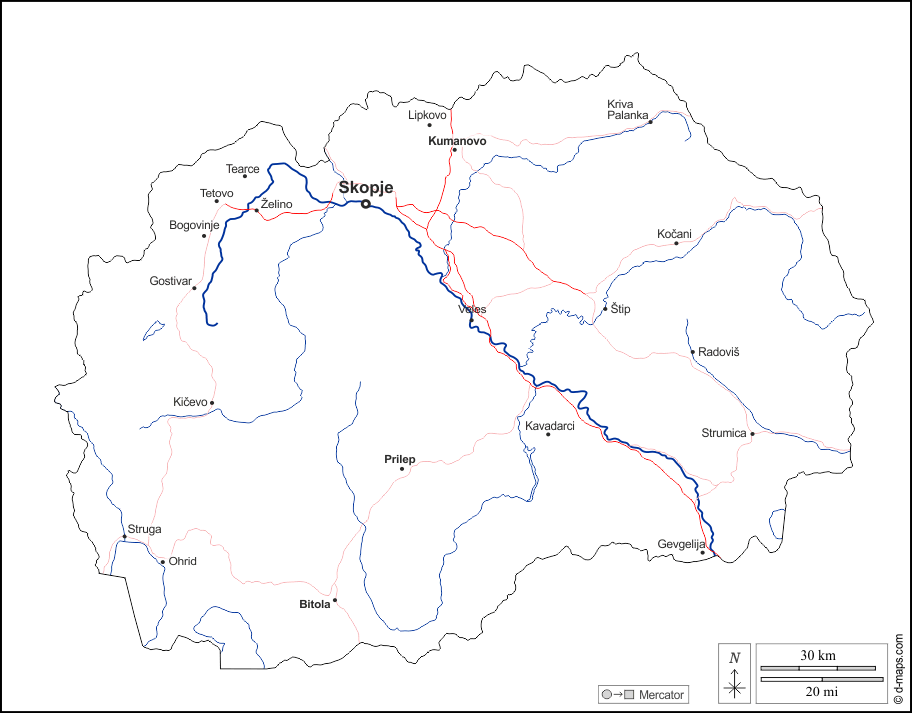 Macedónia do Norte : d-maps.com: mapa livre, mapa em branco livre, mapa livre do esboço, mapa básico livre
 : contornos, hidrografia, principais cidades, estradas, nomes, branco