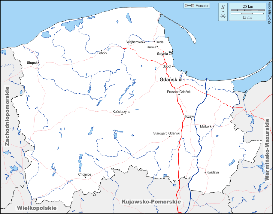 Pomerania : d-maps.com: mappa gratuita, mappa muta gratuita, cartina muta gratuita : frontiere, idrografia, principali città, strade, nomi
