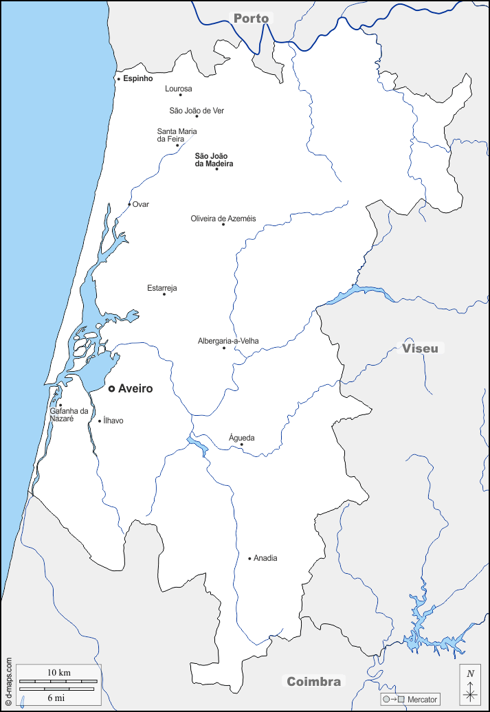 Aveiro : d-maps.com: Kostenlose Karten, kostenlose stumme Karte, kostenlose unausgefüllt Landkarte, kostenlose hochauflösende Umrisskarte : Grenzen, Hydrografie, Wichtige Städte, Namen