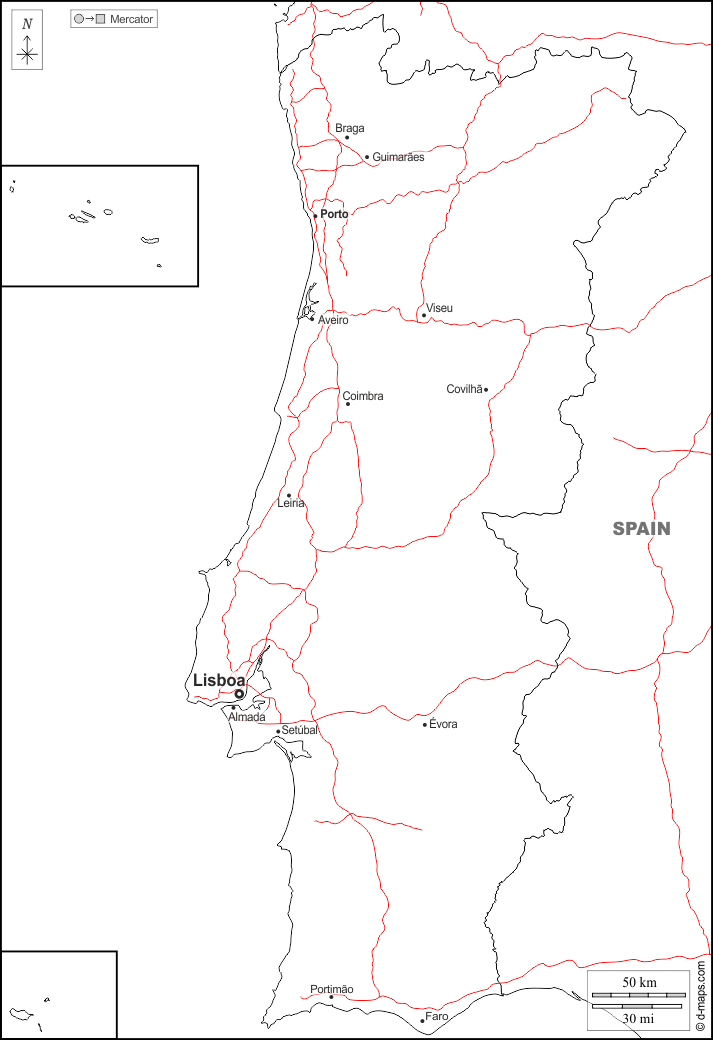 Portugal : d-maps.com: Kostenlose Karten, kostenlose stumme Karte, kostenlose unausgefüllt Landkarte, kostenlose hochauflösende Umrisskarte : Grenzen, Wichtige Städte, Straßen, Namen, weiß