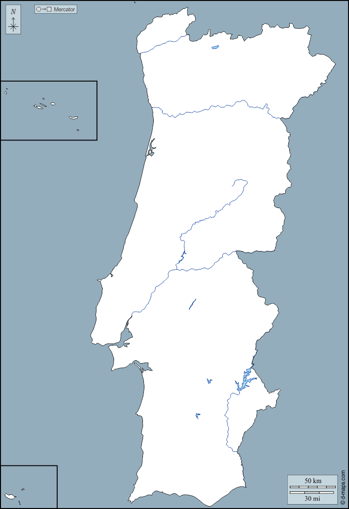 ポルトガル : d-maps.com: 無料地図, 無料の空の地図, 無料のアウトラインマップ, 無料のベースマップ
 : 輪郭, 川と湖