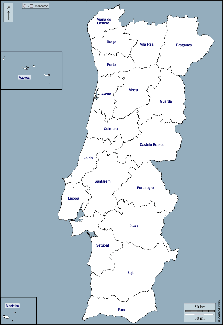Portugal : d-maps.com: mapa gratuito, mapa mudo gratuito, mapa en blanco gratuito, plantilla de mapa : contornos, distritos, nombres