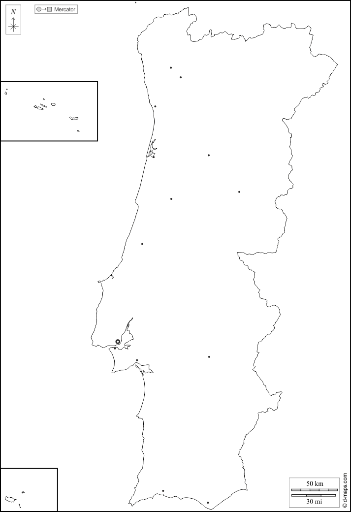 Португалия : d-maps.com: Бесплатная карта, бесплатная карта, свободная карта, Бесплатная базовая карта
 : контур, Главные города, Белый