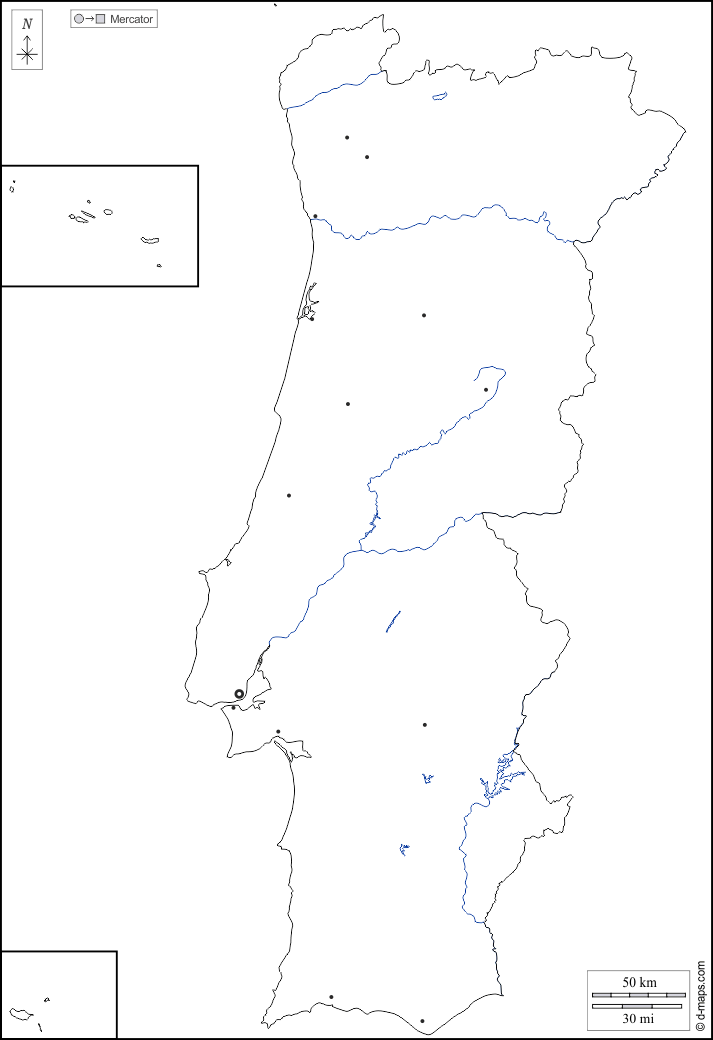 Португалия : d-maps.com: Бесплатная карта, бесплатная карта, свободная карта, Бесплатная базовая карта
 : контур, гидрографии, Главные города, Белый