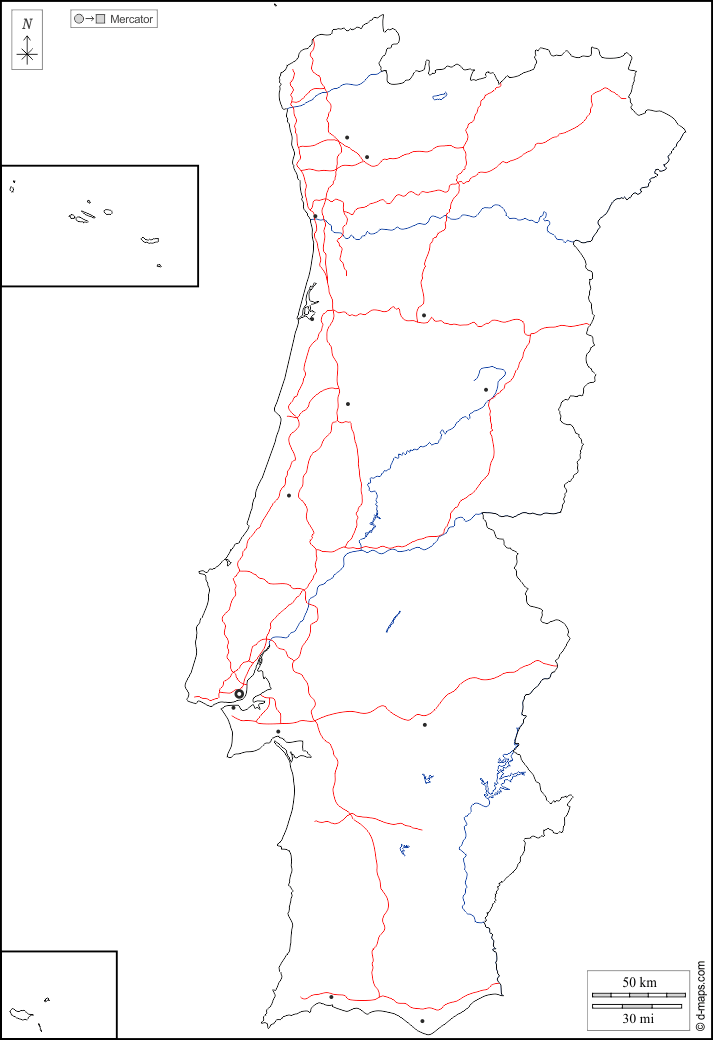 Portogallo : d-maps.com: mappa gratuita, mappa muta gratuita, cartina muta gratuita : contorni, idrografia, principali città, strade, bianco