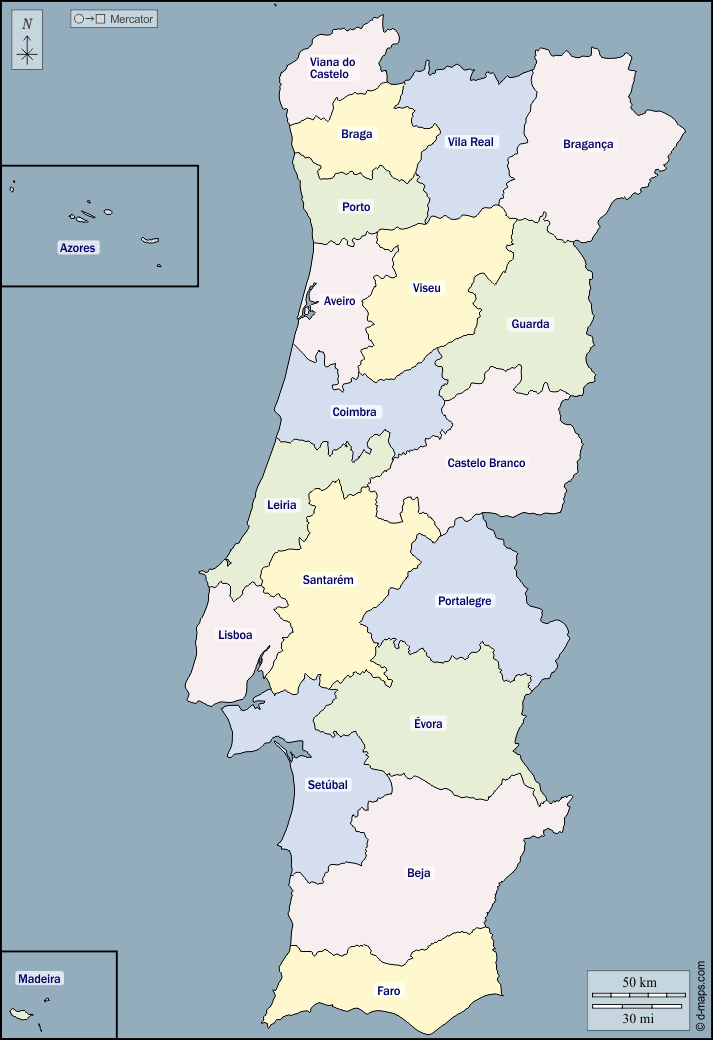 Portogallo : d-maps.com: mappa gratuita, mappa muta gratuita, cartina muta gratuita : contorni, distretti, nomi, colore