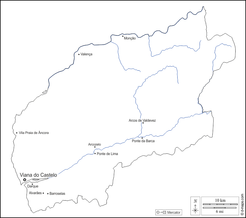 Viana do Castelo : d-maps.com: mappa gratuita, mappa muta gratuita, cartina muta gratuita : contorni, idrografia, principali città, nomi, bianco