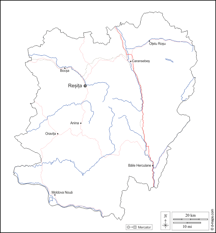 Caraș-Severin : d-maps.com: mappa gratuita, mappa muta gratuita, cartina muta gratuita : contorni, idrografia, principali città, strade, nomi, bianco