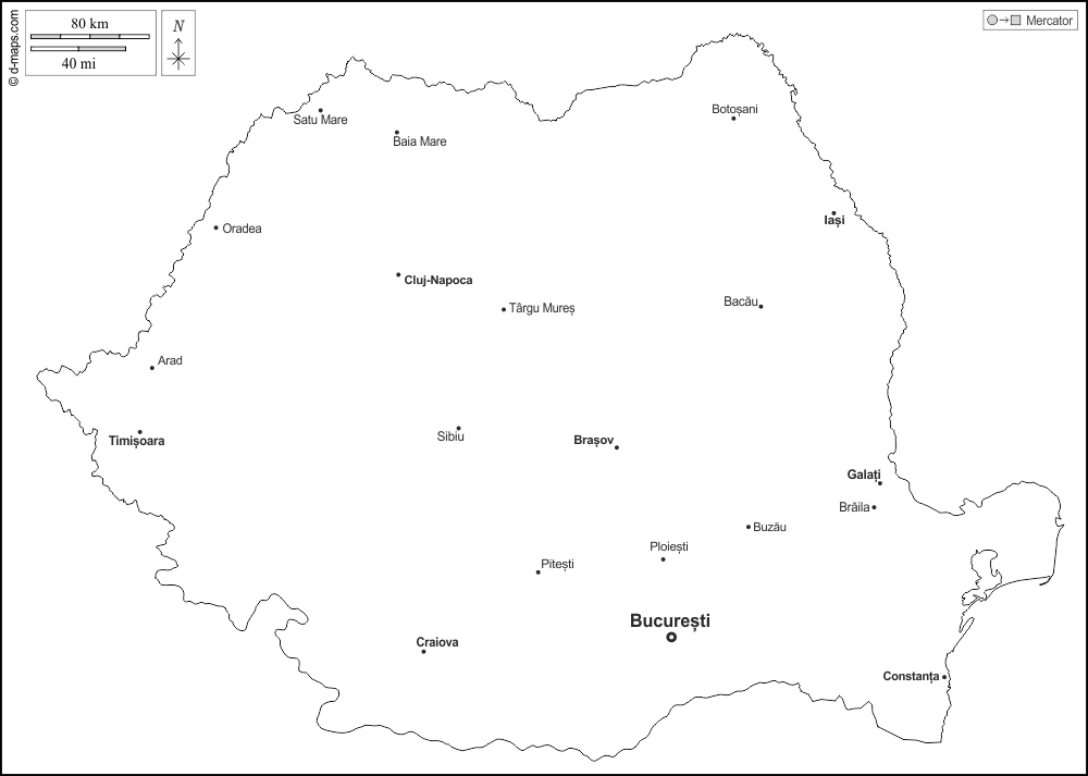 Romania : d-maps.com: free map, free blank map, free outline map, free base map : outline, main cities, names, white