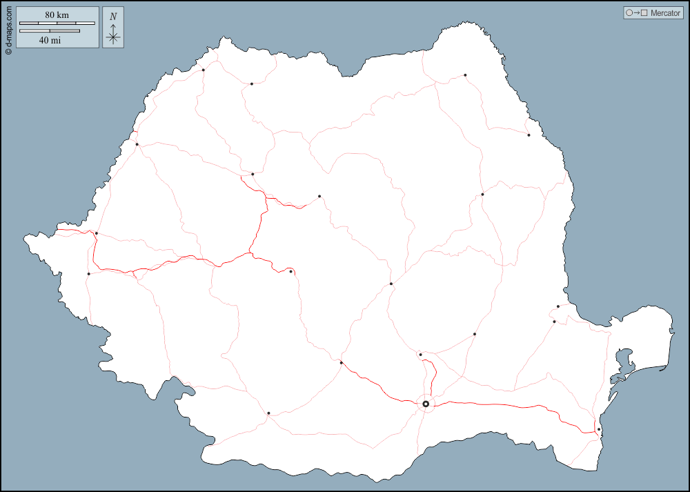Rumänien : d-maps.com: Kostenlose Karten, kostenlose stumme Karte, kostenlose unausgefüllt Landkarte, kostenlose hochauflösende Umrisskarte : Umrisse, Wichtige Städte, Straßen